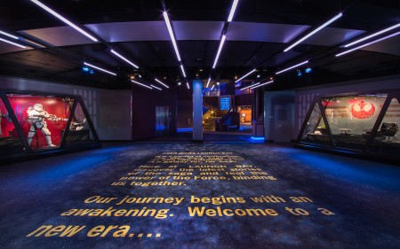 STAR WARS LAUNCH BAY -- In the heart of Tomorrowland, Star Wars Launch Bay is the central locale for guests to celebrate all things Star Wars. Disneyland park guests are welcomed to this multi-sensory space with the iconic phrase, “A long time ago in a galaxy far, far away.…” Once inside, they may encounter beloved Star Wars characters, play the latest Star Wars interactive video games, explore galleries full of treasured memorabilia and authentic replicas of large-scale Star Wars artifacts, step into a Star Wars-themed cantina, and have access to Star Wars merchandise. (Paul Hiffmeyer/Disneyland Resort)