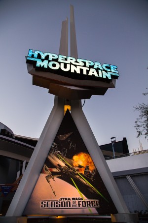 HYPERSPACE MOUNTAIN -- During Season of the Force, the classic Space Mountain attraction is reimagined as Hyperspace Mountain, thrusting Disneyland park guests into the darkness for an action-packed battle between Rebel X-wings and Imperial TIE fighters. A new soundtrack, inspired by the films’ musical themes, adds to the thrills. (Paul Hiffmeyer/Disneyland Resort)