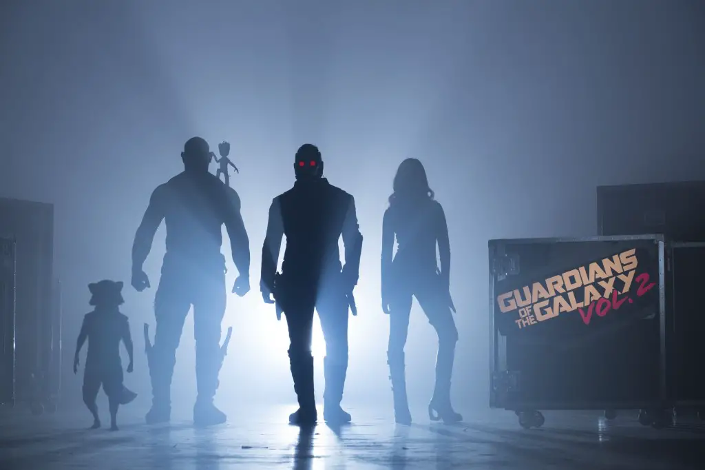 Guardians Of The Galaxy Vol. 2 Start of Production Image L to R: Rocket (voiced by Bradley Cooper), Drax (Dave Bautista), Groot (voiced by Vin Diesel), Peter Quill/Star-Lord (Chris Pratt) and Gamora (Zoe Saldana) ©Marvel 2017