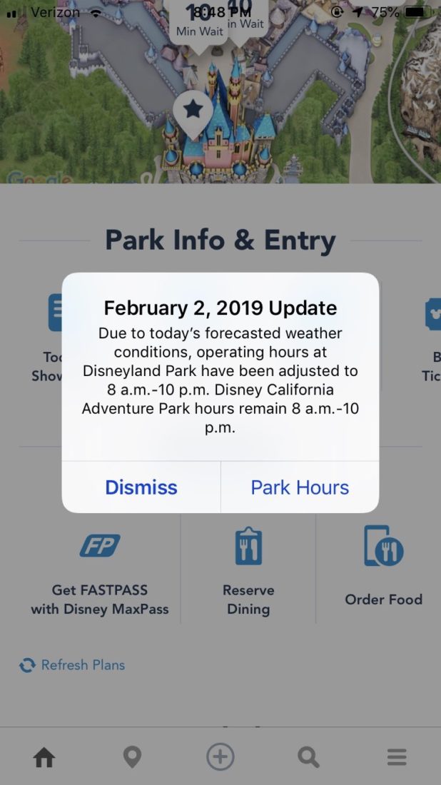 Disneyland Closing Early Due to Rain - Disneyland App Announcement