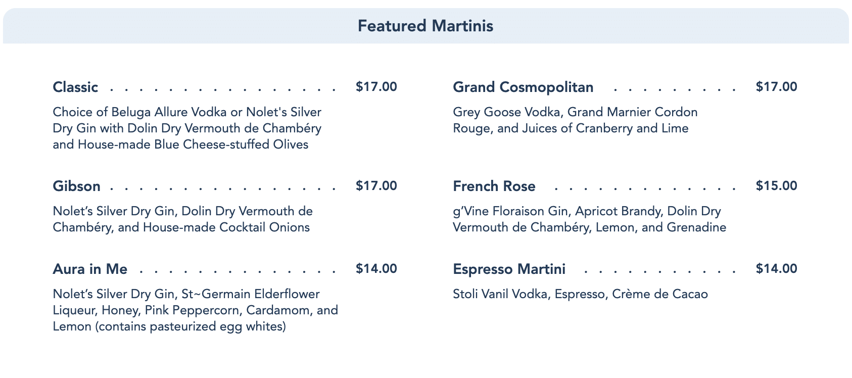 Enchanted Rose Menu - Featured Martinis