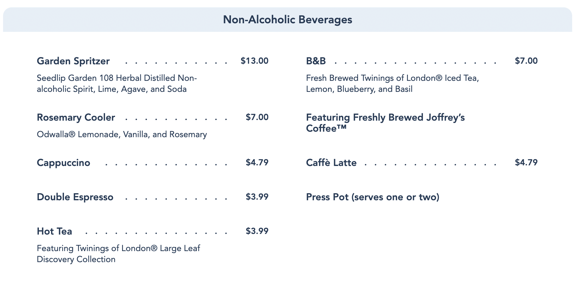 Enchanted Rose Menu - Non-Alcoholic Beverages